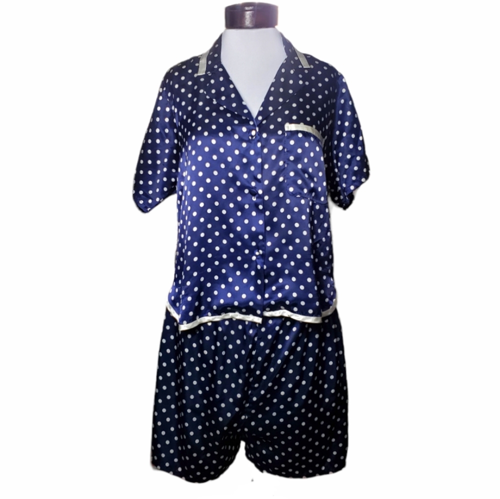 Victoria's Secret VTG 90's Satin Short Pajama Set Blue & White Polka Dot Medium